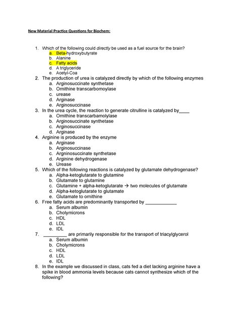 biochemistry practice questions 9th grade